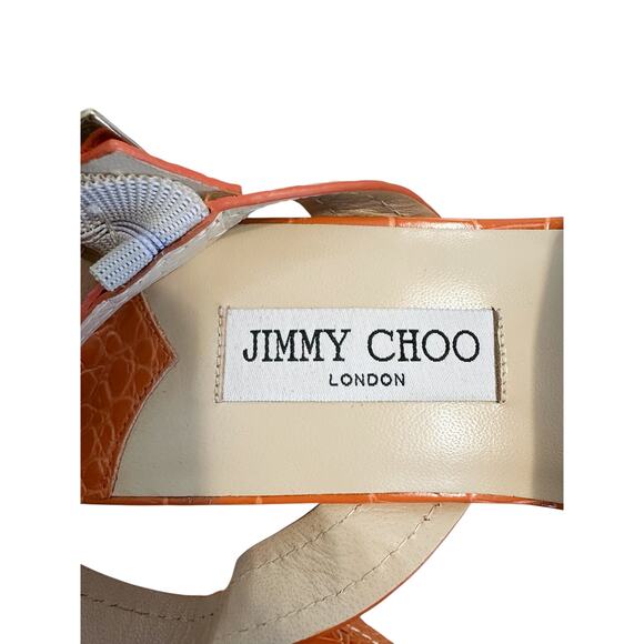 Jimmy Choo Croc Embossed Orange Leather Logo Wedge Sandals 40 - Picture 8 of 10